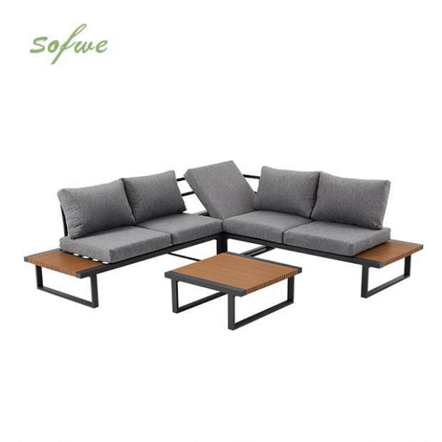 Ensemble de canapés d'angle pour extérieur avec dossier réglable et tables d'appoint aspect bois - 11C03E