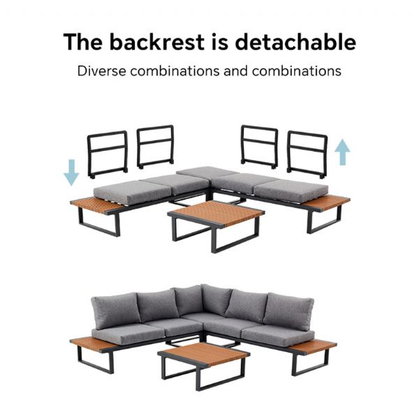 Ensemble de canapés d'angle pour extérieur avec dossier réglable et tables d'appoint aspect bois - 11C03E