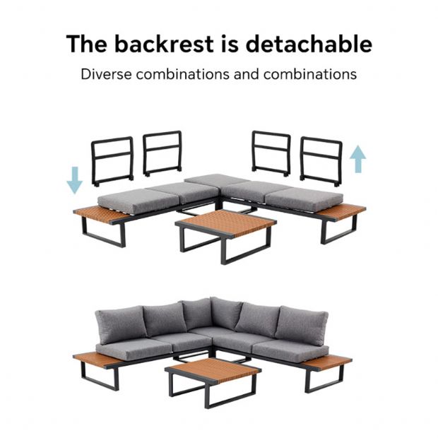 Ensemble de canapés d'angle pour extérieur avec dossier réglable et tables d'appoint aspect bois - 11C03E