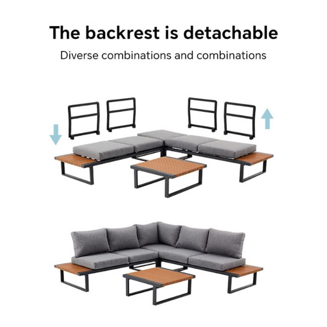 Ensemble de canapés d'angle pour extérieur avec dossier réglable et tables d'appoint aspect bois - 11C03E