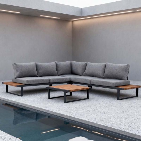 Ensemble de canapés d'angle pour extérieur avec dossier réglable et tables d'appoint aspect bois - 11C03E