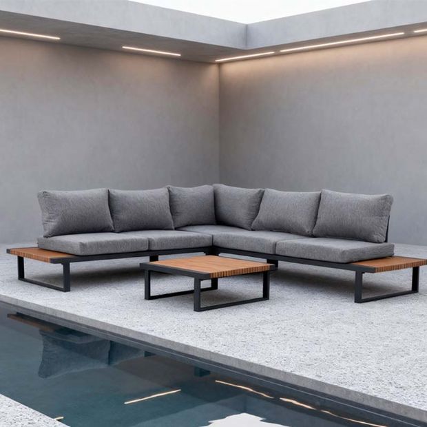 Ensemble de canapés d'angle pour extérieur avec dossier réglable et tables d'appoint aspect bois - 11C03E
