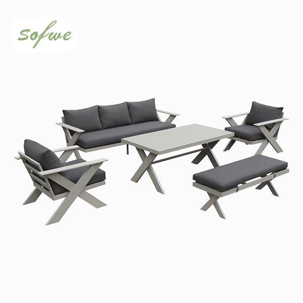 Ensembles de canapés de salon d'extérieur design moderne en gros avec table à pieds en X et banc - 11C12B