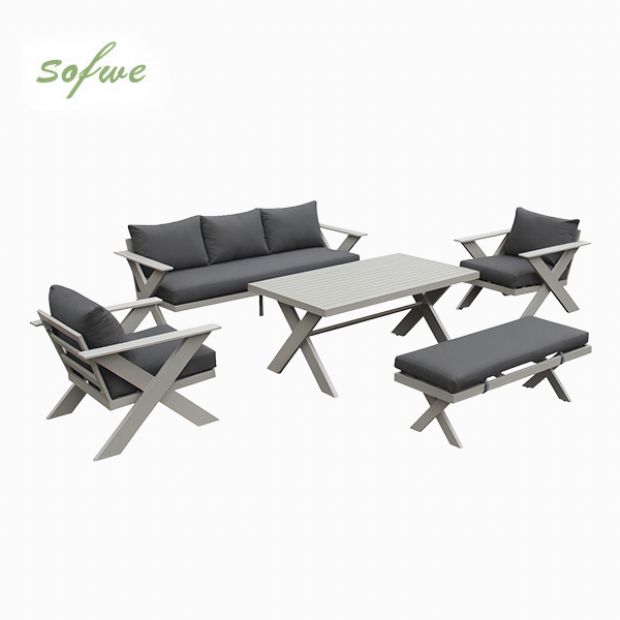 Ensembles de canapés de salon d'extérieur design moderne en gros avec table à pieds en X et banc - 11C12B