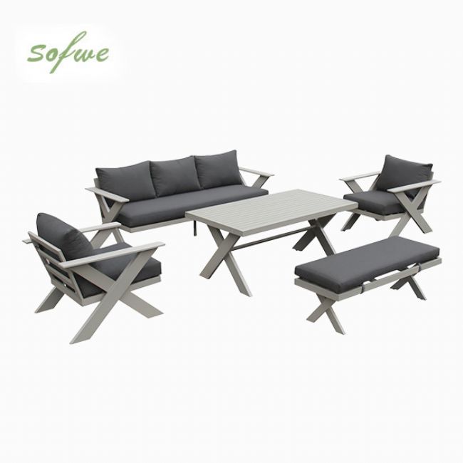 Ensembles de canapés de salon d'extérieur design moderne en gros avec table à pieds en X et banc - 11C12B