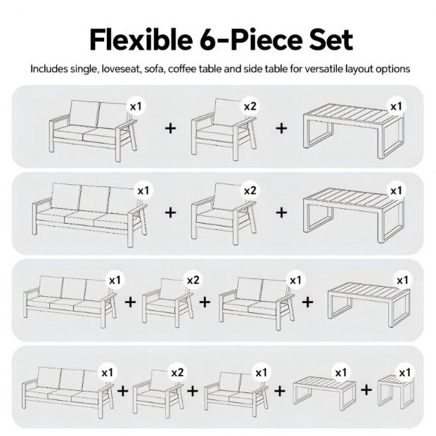 Ensemble de canapés en aluminium thermolaqué pour extérieur 6 pièces avec table à lattes en WPC en gros - 11C12C