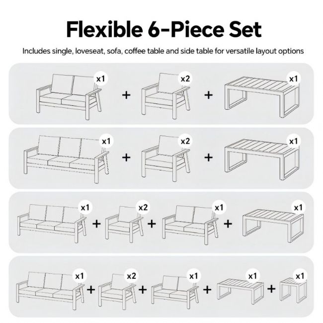Ensemble de canapés en aluminium thermolaqué pour extérieur 6 pièces avec table à lattes en WPC en gros - 11C12C