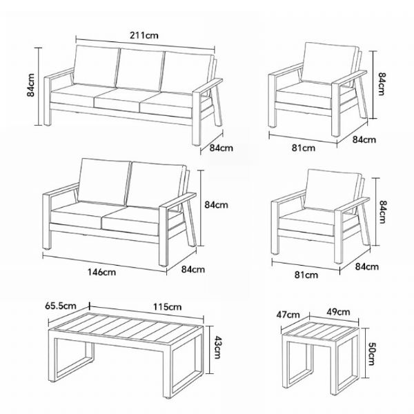 Ensemble de canapés en aluminium thermolaqué pour extérieur 6 pièces avec table à lattes en WPC en gros - 11C12C
