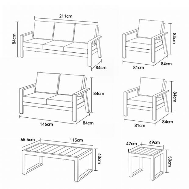 Ensemble de canapés en aluminium thermolaqué pour extérieur 6 pièces avec table à lattes en WPC en gros - 11C12C