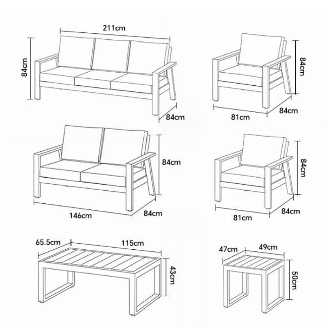 Ensemble de canapés en aluminium thermolaqué pour extérieur 6 pièces avec table à lattes en WPC en gros - 11C12C