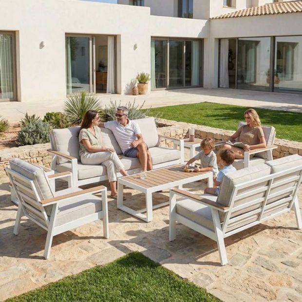Ensemble de canapés en aluminium thermolaqué pour extérieur 6 pièces avec table à lattes en WPC en gros - 11C12C