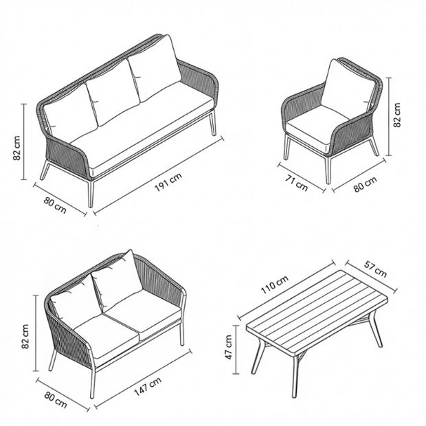 Ensemble de canapés tressés en corde toutes saisons en gros avec table basse en aluminium pour extérieur - 11C12D
