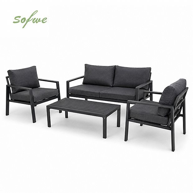 HF Patios Vente en Gros Directe d'Usine Salon de Jardin 4 Pièces en Aluminium avec Coussins Épais et Table Basse pour Espaces Extérieurs - 11C12F