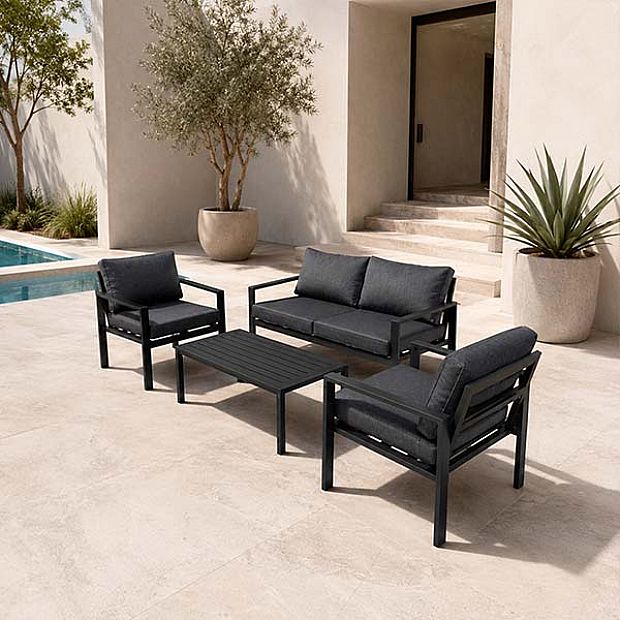 HF Patios Vente en Gros Directe d'Usine Salon de Jardin 4 Pièces en Aluminium avec Coussins Épais et Table Basse pour Espaces Extérieurs - 11C12F