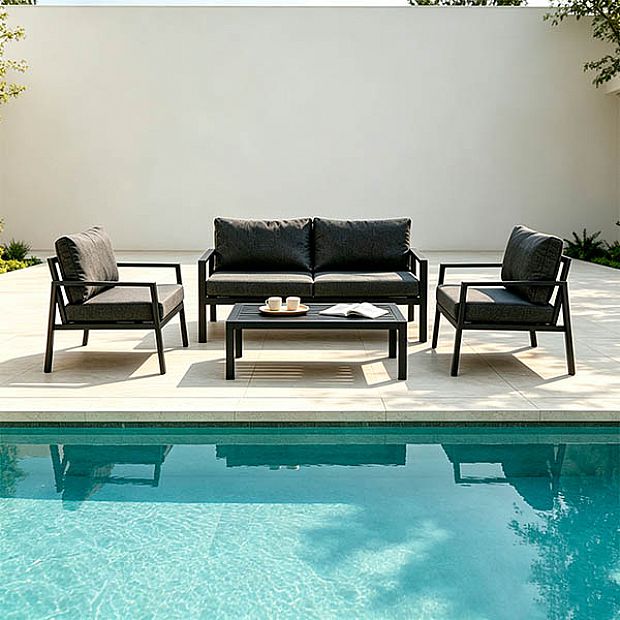 HF Patios Vente en Gros Directe d'Usine Salon de Jardin 4 Pièces en Aluminium avec Coussins Épais et Table Basse pour Espaces Extérieurs - 11C12F