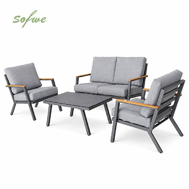HF Patios Vente en Gros Directe d'Usine Salon de Jardin 4 Pièces en Aluminium avec Coussins et Table Basse en Verre Imprimé pour Espaces de Vie Extérieurs - 11C12G