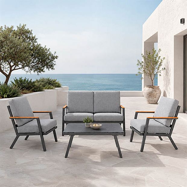 HF Patios Vente en Gros Directe d'Usine Salon de Jardin 4 Pièces en Aluminium avec Coussins et Table Basse en Verre Imprimé pour Espaces de Vie Extérieurs - 11C12G