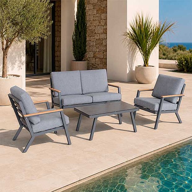 HF Patios Vente en Gros Directe d'Usine Salon de Jardin 4 Pièces en Aluminium avec Coussins et Table Basse en Verre Imprimé pour Espaces de Vie Extérieurs - 11C12G