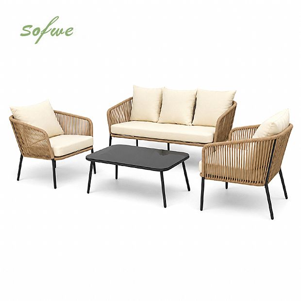 HF Patios Vente en Gros Directe d'Usine Salon de Jardin 4 Pièces en Aluminium et Rotin avec Table Basse en Verre pour Espaces Extérieurs - 11C12H