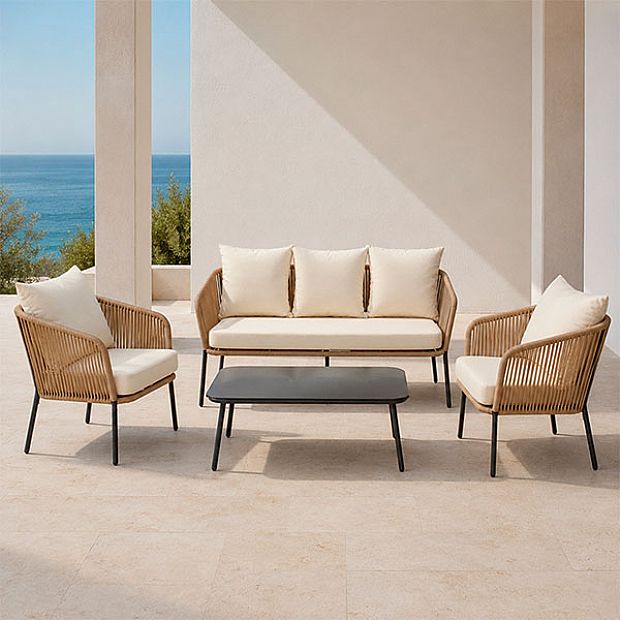 HF Patios Vente en Gros Directe d'Usine Salon de Jardin 4 Pièces en Aluminium et Rotin avec Table Basse en Verre pour Espaces Extérieurs - 11C12H