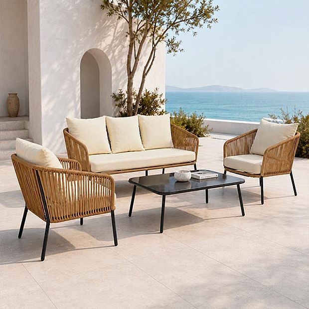 HF Patios Vente en Gros Directe d'Usine Salon de Jardin 4 Pièces en Aluminium et Rotin avec Table Basse en Verre pour Espaces Extérieurs - 11C12H