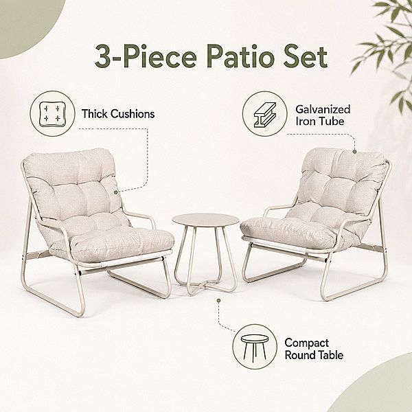 Ensemble de salon de jardin 3 pièces en gros, avec coussins épais et table ronde en verre, pour balcon, jardin ou extérieur - 11C12J