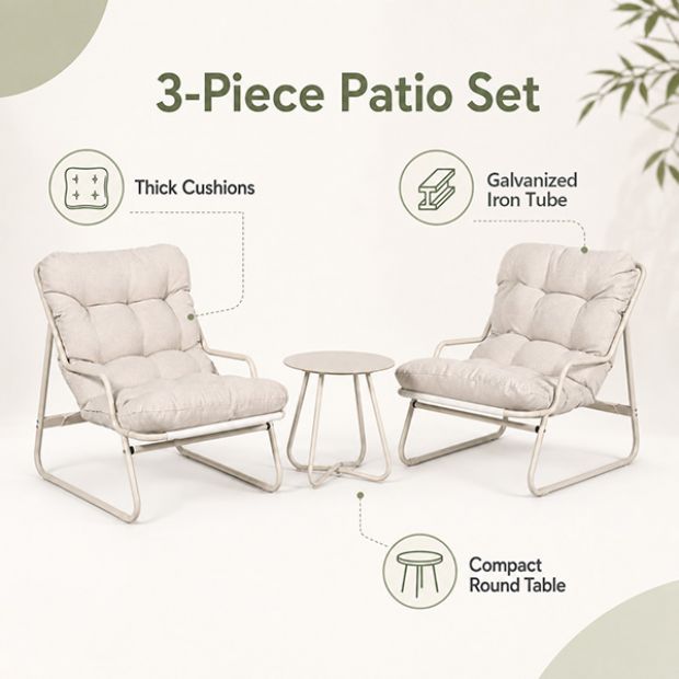 Ensemble de salon de jardin 3 pièces en gros, avec coussins épais et table ronde en verre, pour balcon, jardin ou extérieur - 11C12J