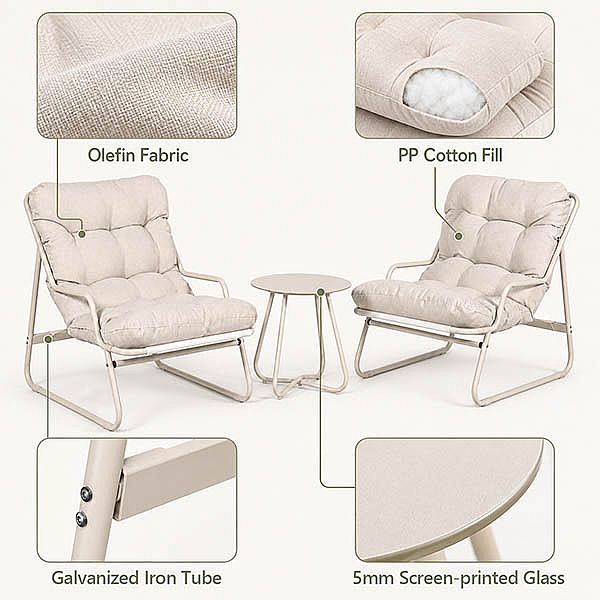 Ensemble de salon de jardin 3 pièces en gros, avec coussins épais et table ronde en verre, pour balcon, jardin ou extérieur - 11C12J