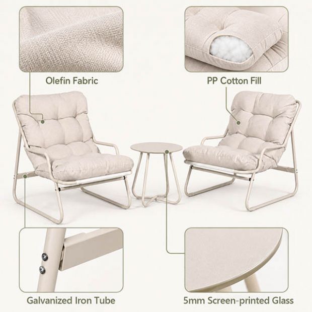 Ensemble de salon de jardin 3 pièces en gros, avec coussins épais et table ronde en verre, pour balcon, jardin ou extérieur - 11C12J