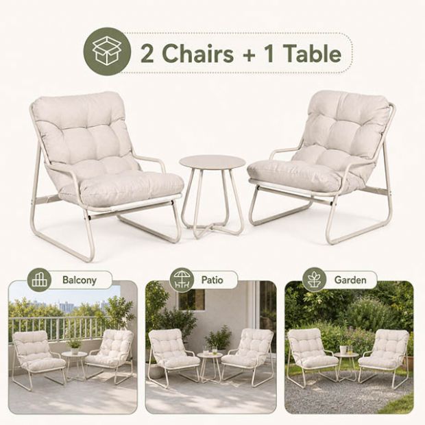 Ensemble de salon de jardin 3 pièces en gros, avec coussins épais et table ronde en verre, pour balcon, jardin ou extérieur - 11C12J