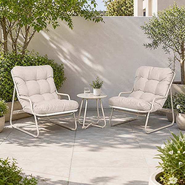 Ensemble de salon de jardin 3 pièces en gros, avec coussins épais et table ronde en verre, pour balcon, jardin ou extérieur - 11C12J