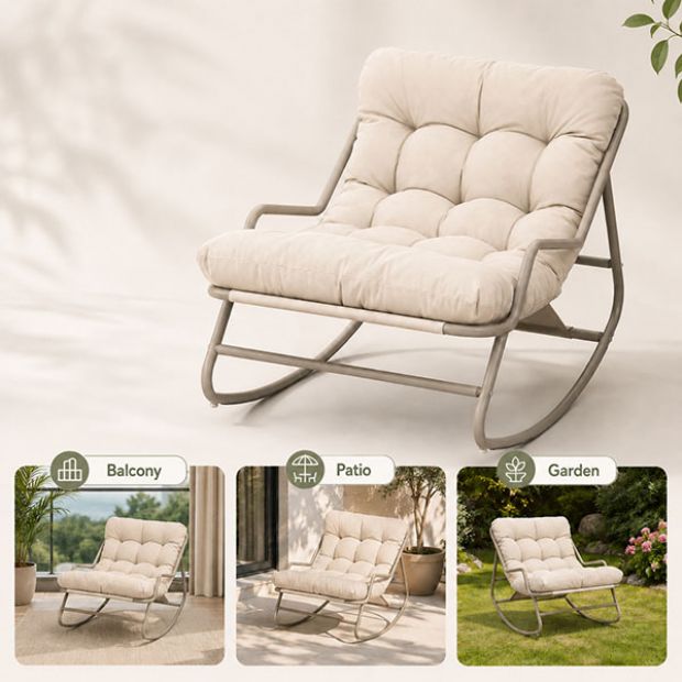 Fauteuil de jardin à bascule en gros, avec coussin épais en oléfine et structure en fer galvanisé, destiné à l'ameublement de terrasses et de jardins - 11C12K