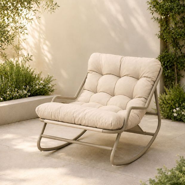 Fauteuil de jardin à bascule en gros, avec coussin épais en oléfine et structure en fer galvanisé, destiné à l'ameublement de terrasses et de jardins - 11C12K