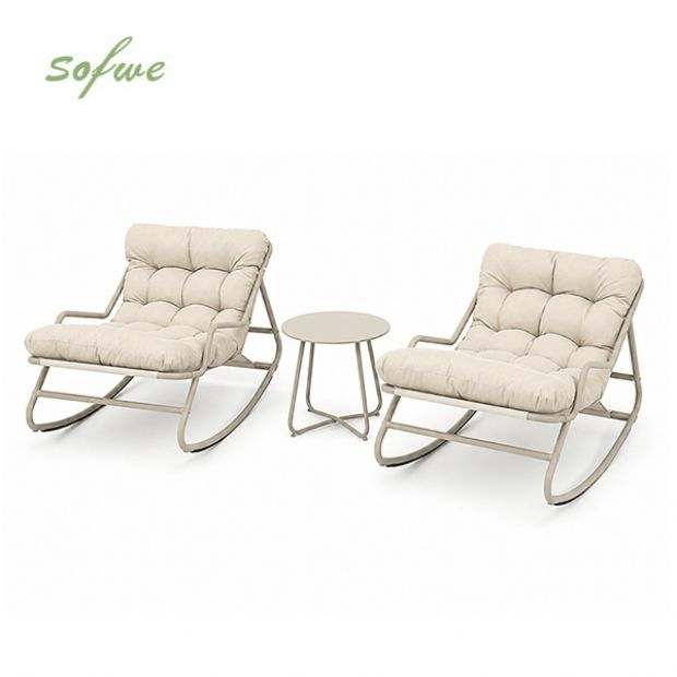 Ensemble de jardin d'extérieur à bascule 3 pièces en gros, avec coussins épais en oléfine et table à plateau en acier, pour l'ameublement de jardin de balcon - 11C12L