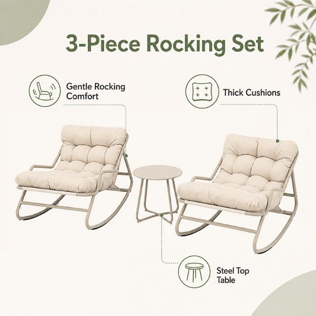 Ensemble de jardin d'extérieur à bascule 3 pièces en gros, avec coussins épais en oléfine et table à plateau en acier, pour l'ameublement de jardin de balcon - 11C12L