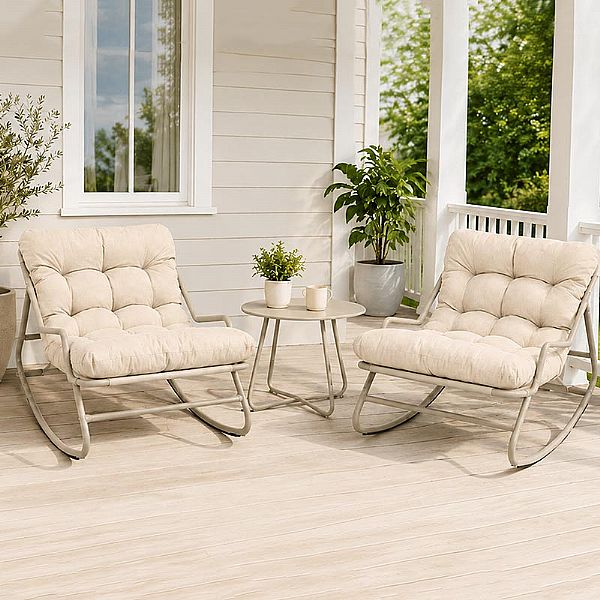Ensemble de jardin d'extérieur à bascule 3 pièces en gros, avec coussins épais en oléfine et table à plateau en acier, pour l'ameublement de jardin de balcon - 11C12L