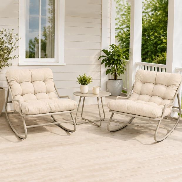 Ensemble de jardin d'extérieur à bascule 3 pièces en gros, avec coussins épais en oléfine et table à plateau en acier, pour l'ameublement de jardin de balcon - 11C12L