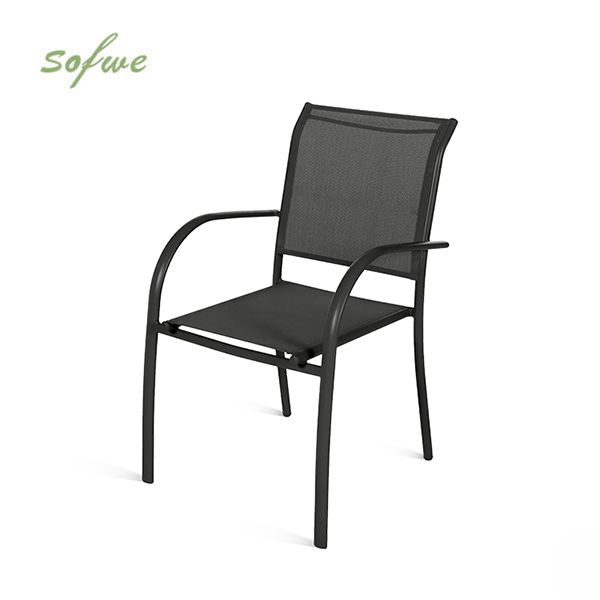 Chaise de salle à manger empilable en aluminium pour extérieur avec accoudoirs et assise type hamac - 11D11K
