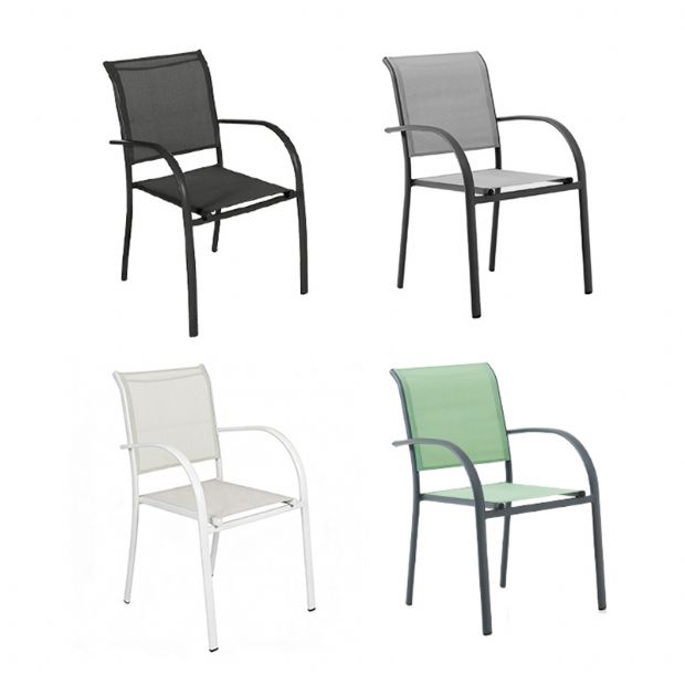 Chaise de salle à manger empilable en aluminium pour extérieur avec accoudoirs et assise type hamac - 11D11K