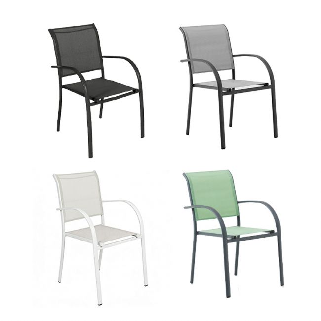 Chaise de salle à manger empilable en aluminium pour extérieur avec accoudoirs et assise type hamac - 11D11K