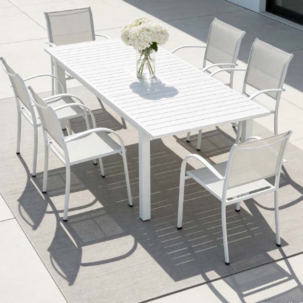 Chaise de salle à manger empilable en aluminium pour extérieur avec accoudoirs et assise type hamac - 11D11K
