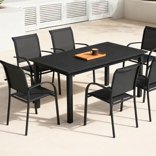 Chaise de salle à manger empilable en aluminium pour extérieur avec accoudoirs et assise type hamac - 11D11K