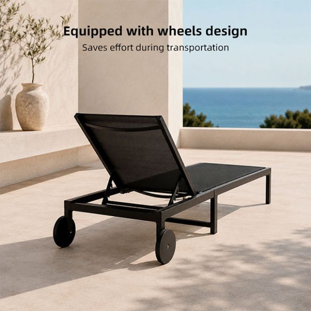 Chaise longue d'extérieur en métal avec roulettes et tissu en maille respirante, vendue en gros, pour les terrasses et les bords de piscine - 11D25O