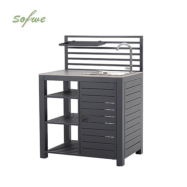 Plan de travail de cuisine extérieure en aluminium avec évier et étagères - 11D13D