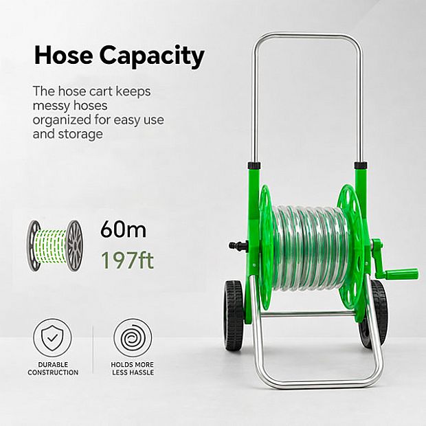 Chariot Porte-Tuyau de Jardin de 60 m en Gros avec Roues et Poignée Réglable - 10Z01C
