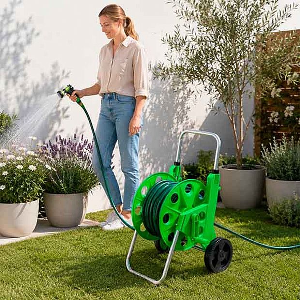 Chariot Porte-Tuyau de Jardin de 60 m en Gros avec Roues et Poignée Réglable - 10Z01C