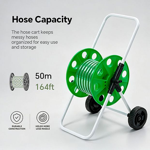 Chariot Porte-Tuyau de Jardin Portable de 50 m en Gros avec Roues et Manivelle - 10Z01D