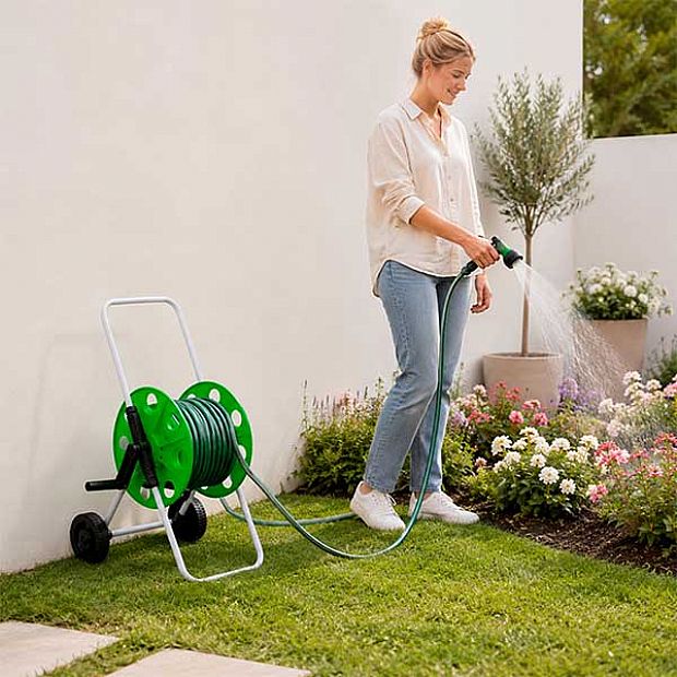 Chariot Porte-Tuyau de Jardin Portable de 50 m en Gros avec Roues et Manivelle - 10Z01D