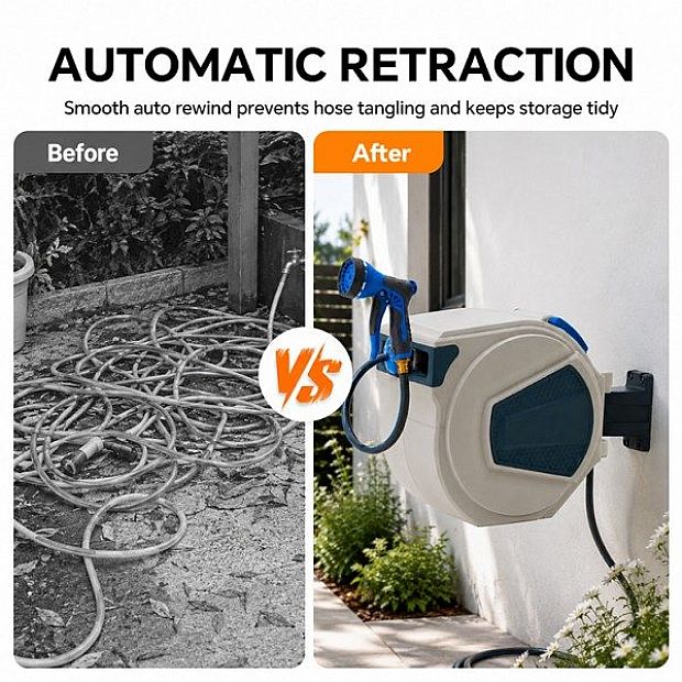 Enrouleur de Tuyau d’Arrosage Automatique Rétractable en Gros de 30 m avec Support Mural Pivotant à 180° - 10Z01G