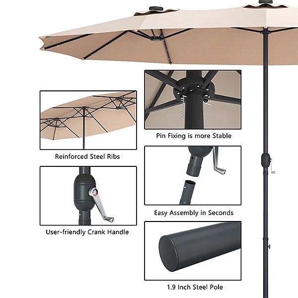 Vente en gros de parapluie de marché de patio à double face avec lumière LED intégrée de 15 pieds - 12U01P